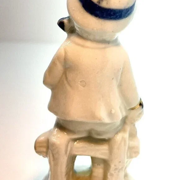 Vintage Holland Figurine Set Farm Boy Girl On Bench Porcelain Blue White Gold - Picture 9 of 11